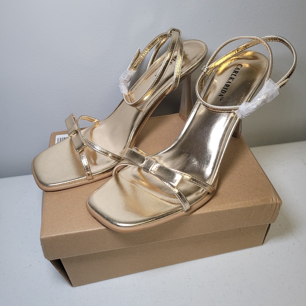 Carlkarida Gold Metallic Bow Stiletto Heels Square Toe Sandals Womens Size‎ 7.5